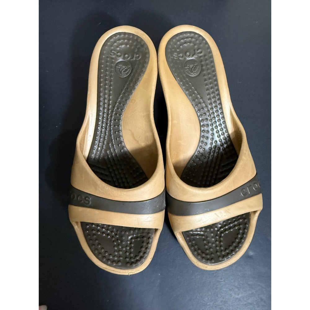 Crocs Womens Sassari Wedge Sandals Tan Brown Slide Peep Toe Shoes